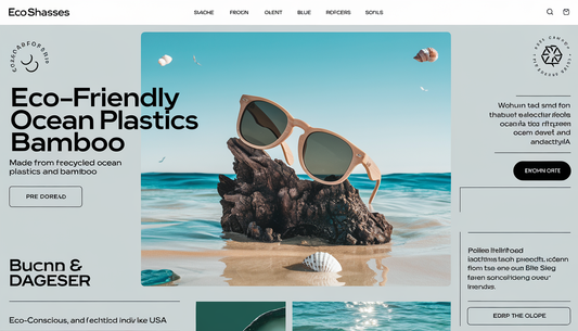 Stylish eco-friendly sunglasses made from recycled ocean plastics and bamboo on a serene beach backdrop with seashells and ocean waves