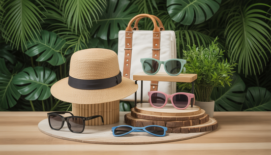 Stylish individuals wearing eco-friendly accessories in a lush green outdoor setting, emphasizing sustainability.
