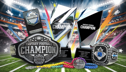 A dynamic composition featuring a fantasy football championship belt, trophy, ring, and turnover chain set against a festive sports arena backdrop.
