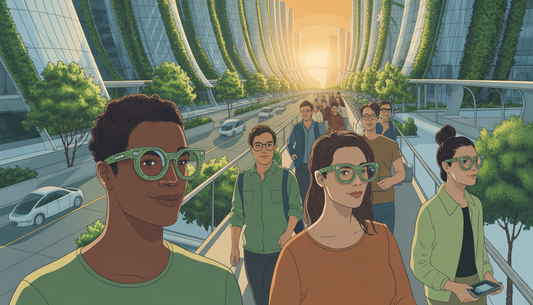 People in a cityscape wearing eco-friendly eyeglass frames, highlighting sustainable fashion.