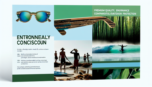 A diverse group of stylish individuals aged 25-45 wearing eco-friendly sunglasses made from recycled ocean plastics and bamboo, set against a background of ocean waves and bamboo forests.