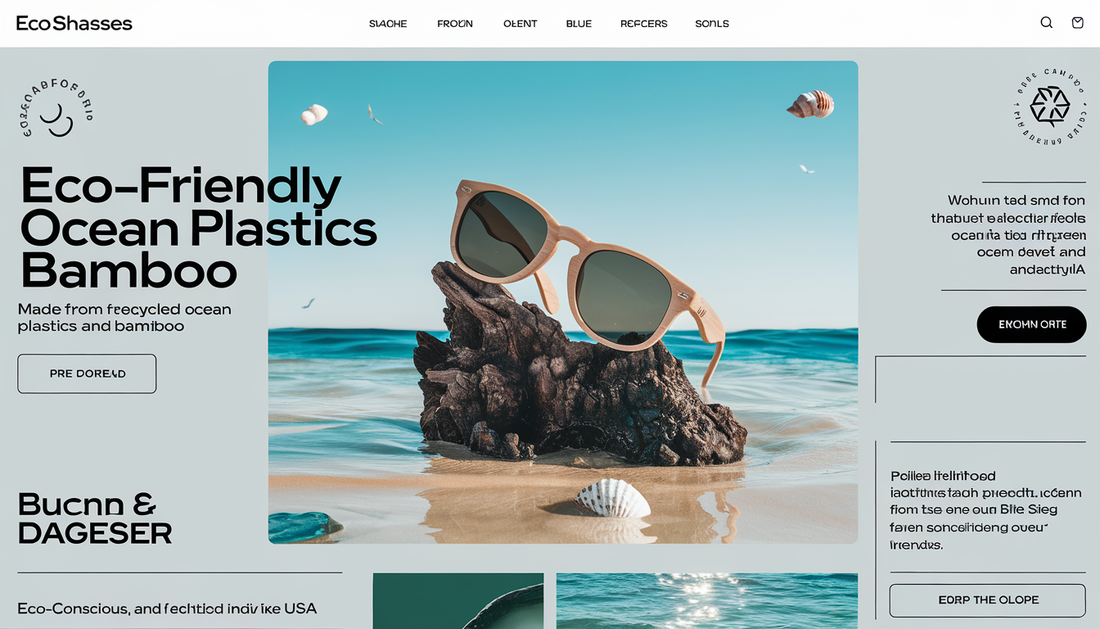 Stylish eco-friendly sunglasses made from recycled ocean plastics and bamboo on a serene beach backdrop with seashells and ocean waves