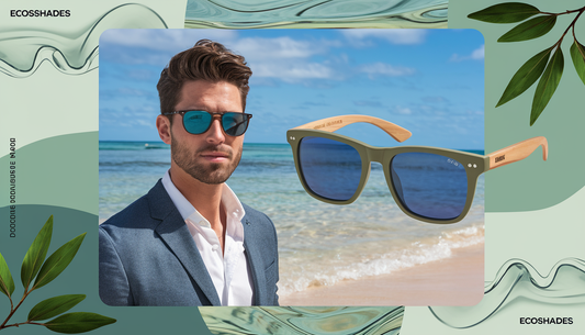 Stylish sunglasses made from recycled ocean plastics and bamboo, set against a serene beach backdrop with waves and bamboo leaves.