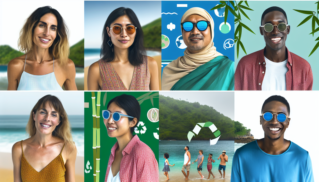 A diverse group of stylish individuals wearing eco-friendly sunglasses, enjoying outdoor activities in a vibrant natural setting with elements symbolizing sustainability.