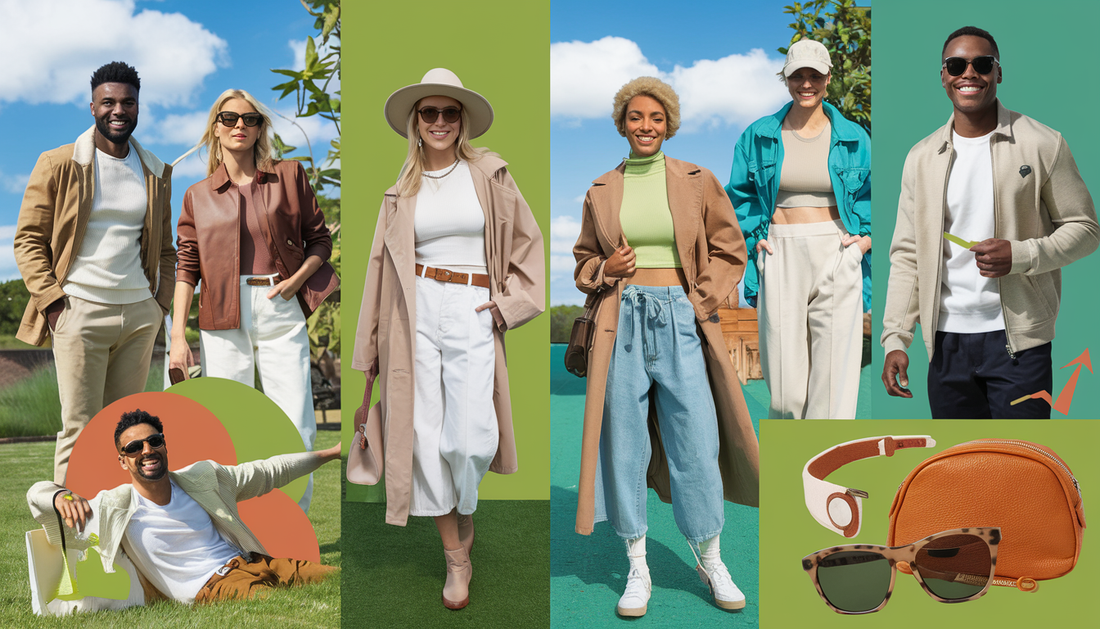 Diverse individuals aged 25-45 wearing eco-friendly fashion in a vibrant, outdoor setting with lush greenery and blue skies.