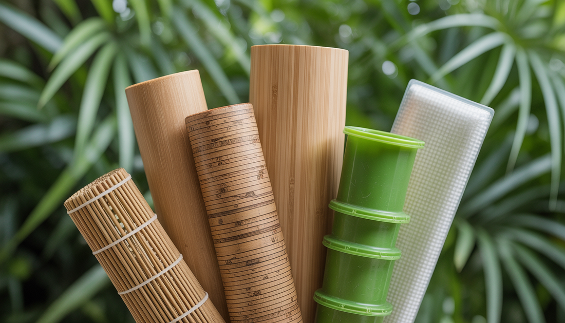Close-up of bamboo and recycled plastics with green foliage background.