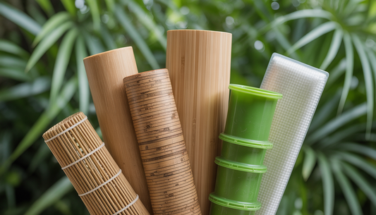 Close-up of bamboo and recycled plastics with green foliage background.