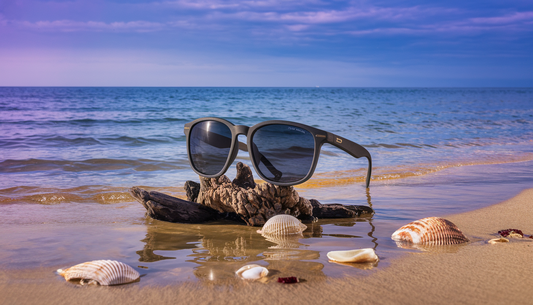 Stylish eco-friendly polarized sunglasses set against a serene ocean backdrop, surrounded by seashells and driftwood.