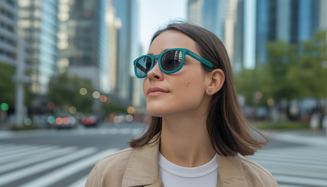 Person wearing EcoShades sunglasses in an urban setting with skyscrapers and green spaces.