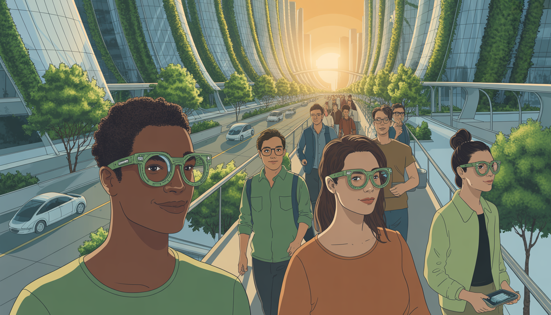 People in a cityscape wearing eco-friendly eyeglass frames, highlighting sustainable fashion.