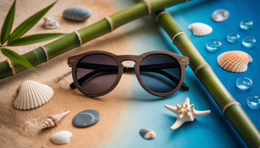 Flat lay of EcoShades sunglasses with bamboo and ocean-themed elements, emphasizing sustainable materials.